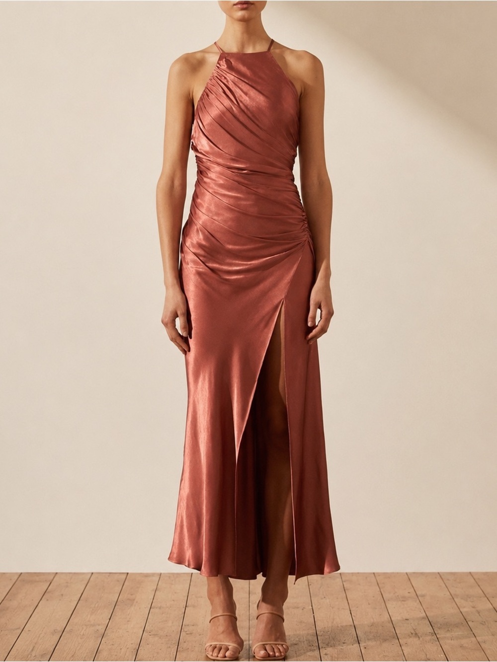 Shona Joy La Lune High Neck Satin Midi Dress in Terracotta